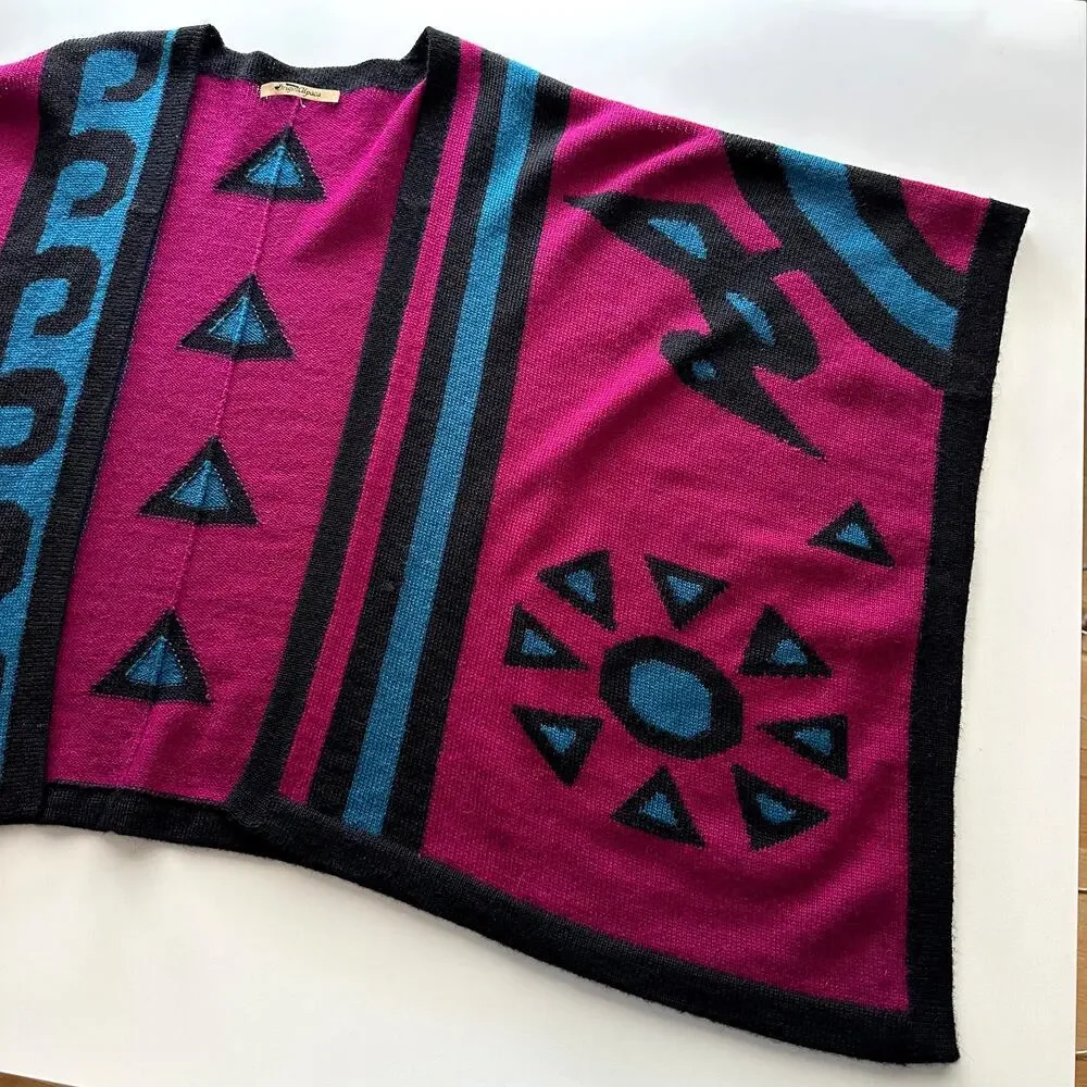 Origin Alpaca Bright‎ South American Graphic Pink Teal Knit Ruana Poncho Wrap OS
